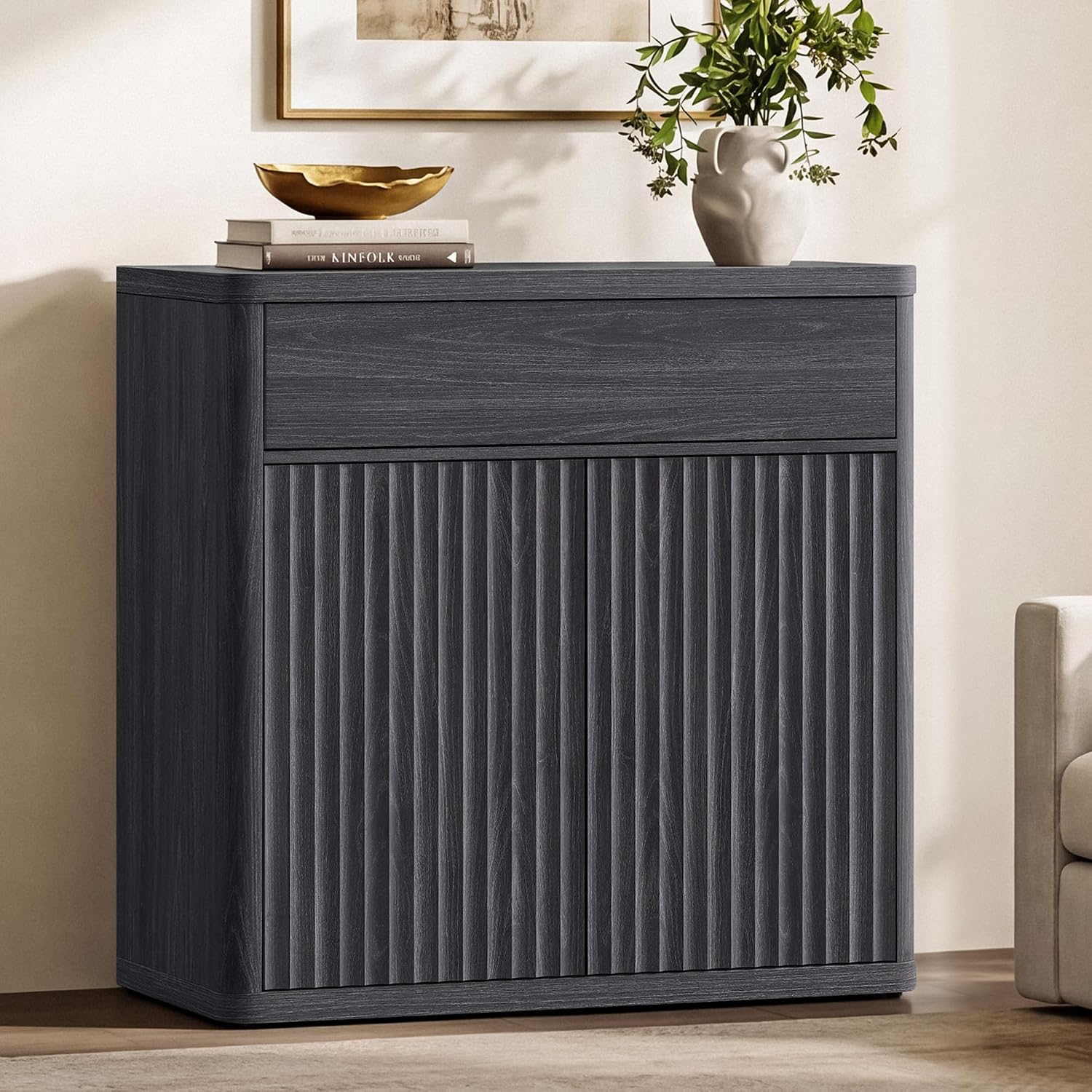 Credenza Office Storage - 34.6‑Inch Modern Fluted Sideboard Buffet Storage